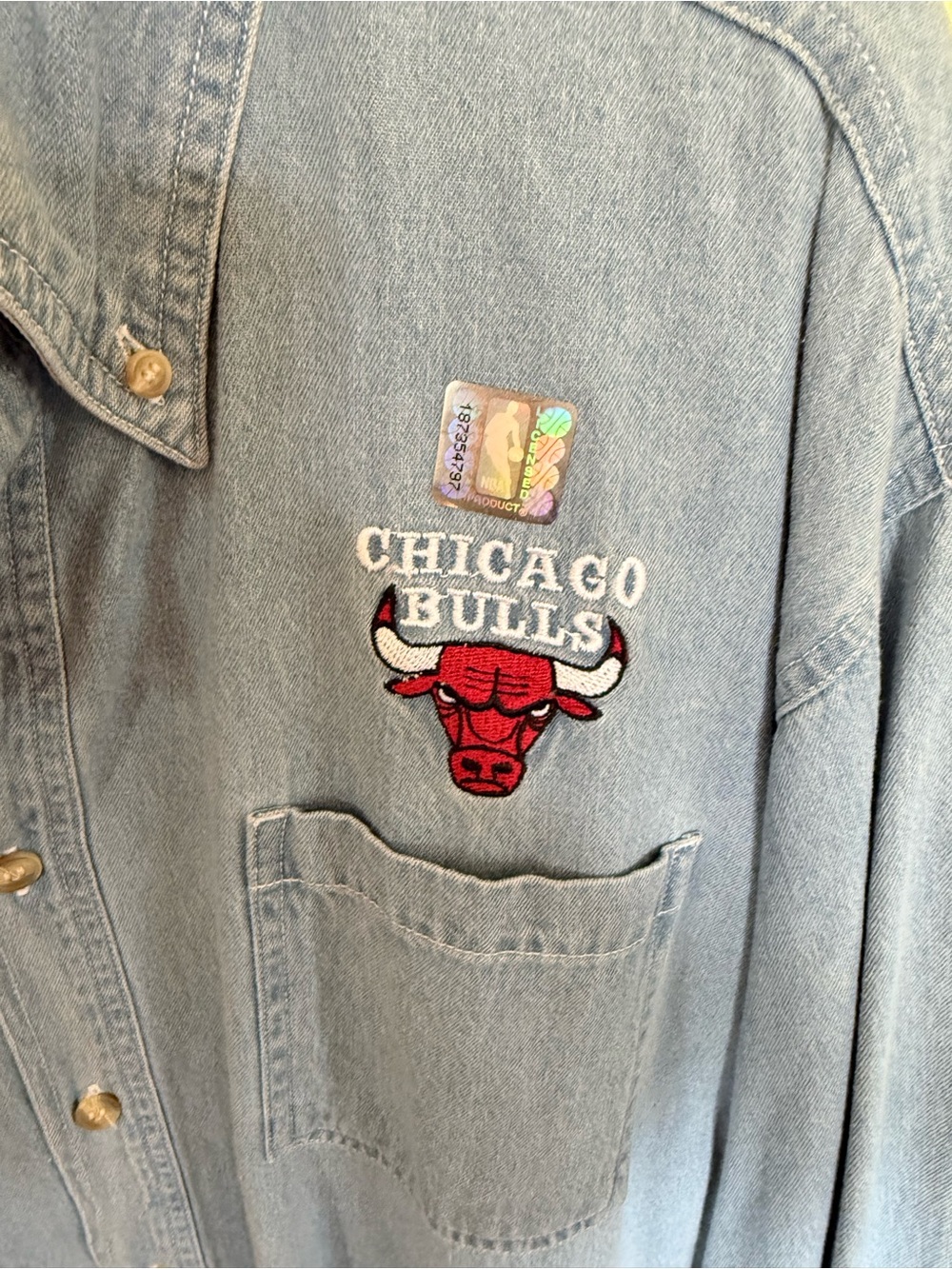 edge Light Blue Denim Chicago Bulls Embroidered Button-Up Shirt - Men - Picture 2 of 5